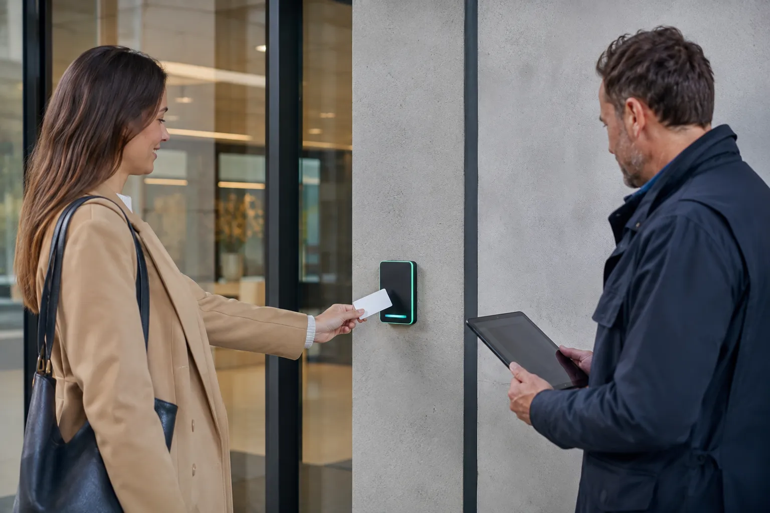 Employee using a badge while an access reader is checked