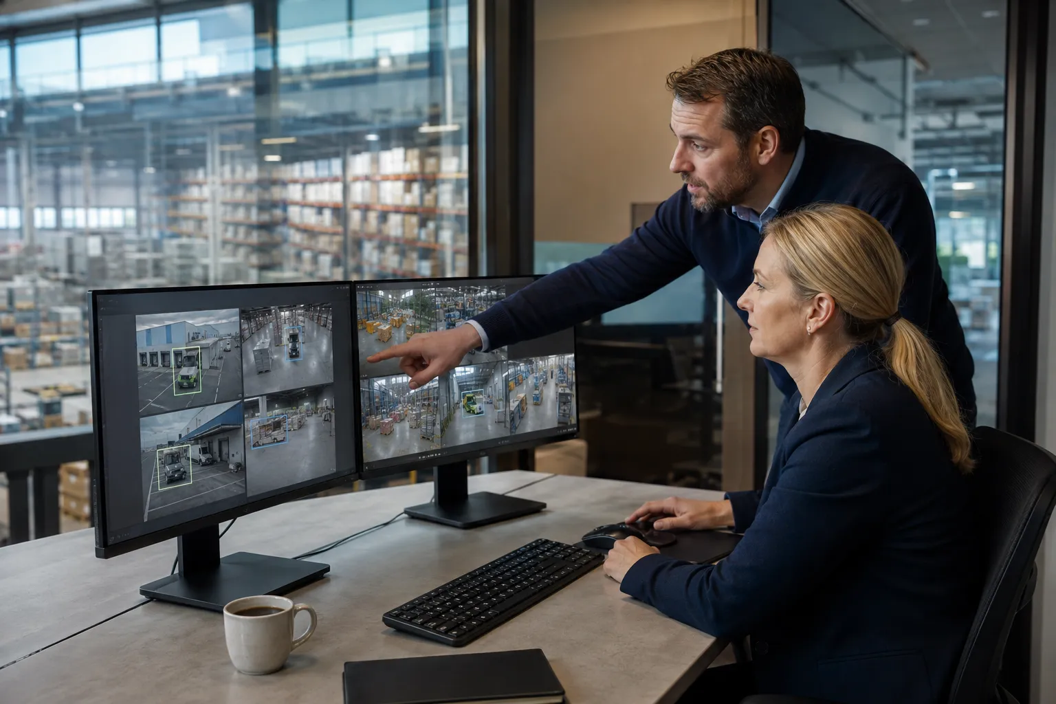 Specialists reviewing video alerts in a logistics environment