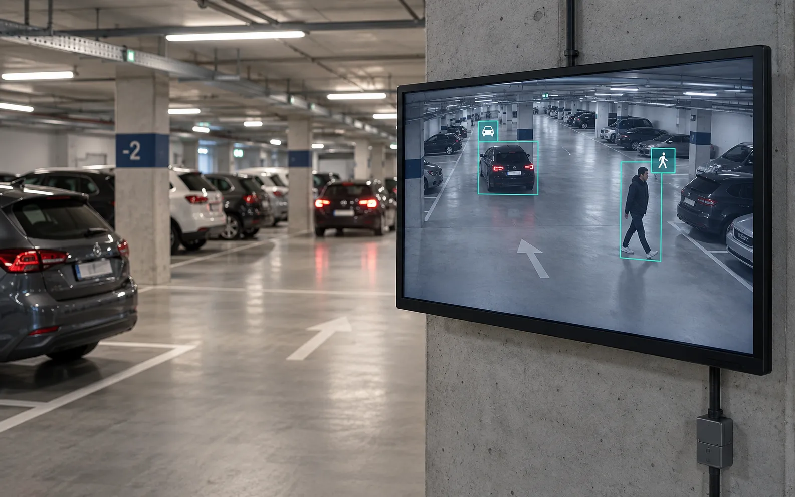 Camerabewakingsscherm dat met videoanalyse een persoon en voertuig in een parking herkent