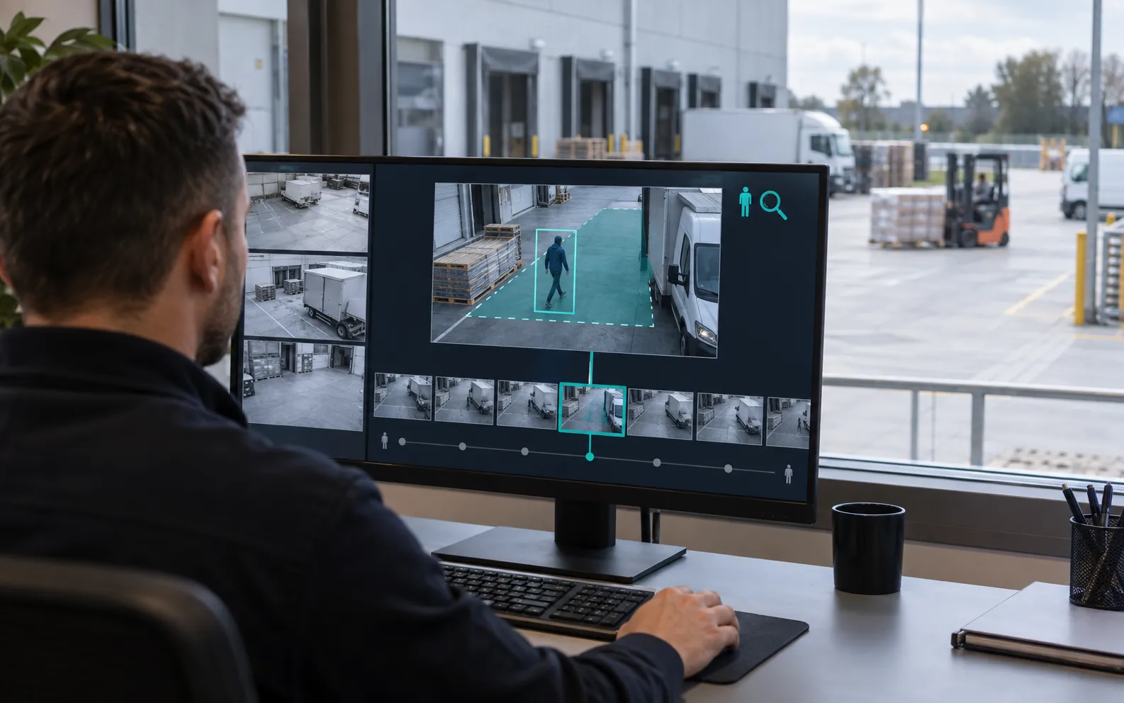 Operator die snel een passage terugvindt in videobeelden van een magazijn