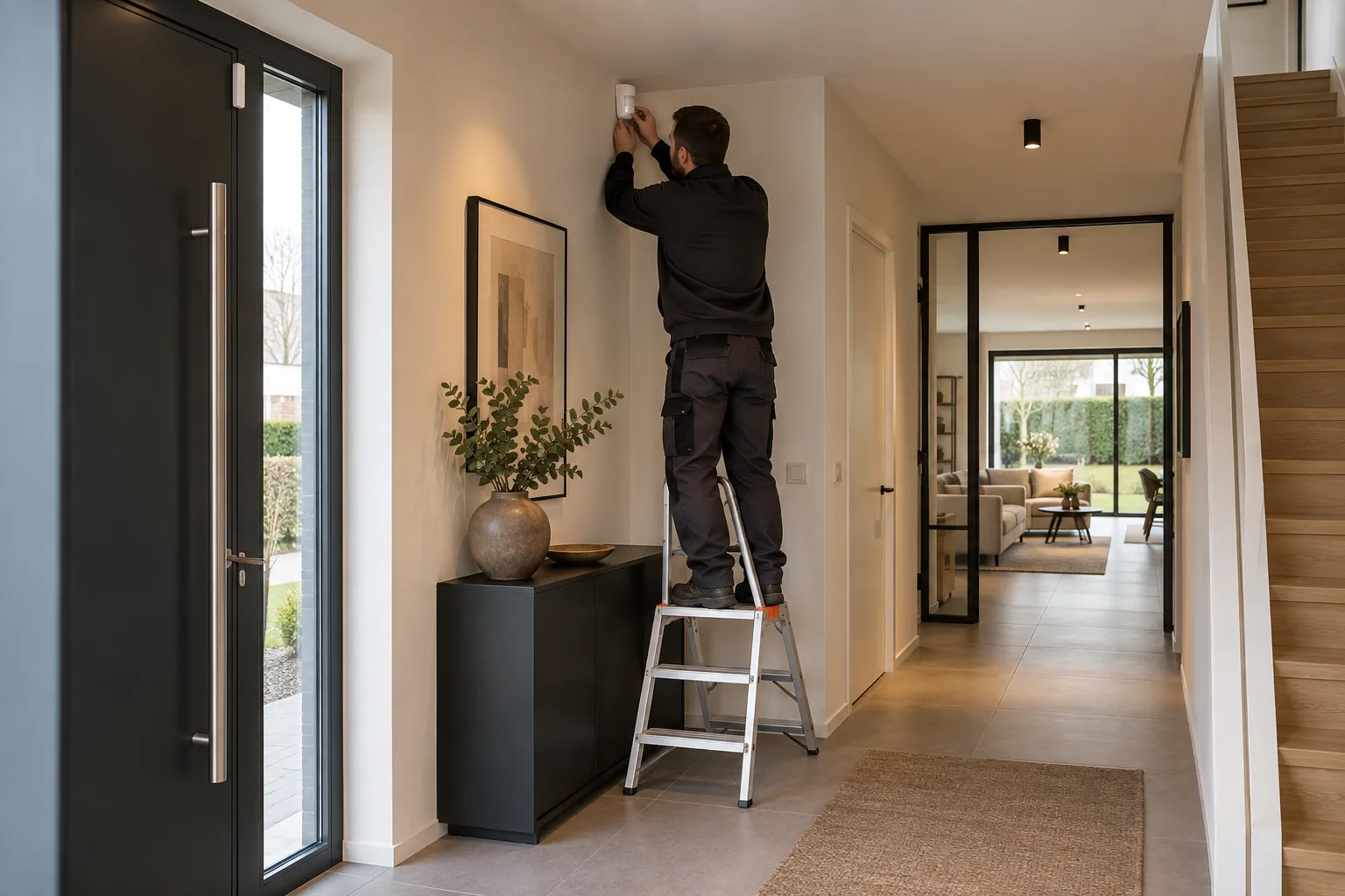 Technicien plaçant un détecteur d’alarme dans l’entrée d’une maison belge