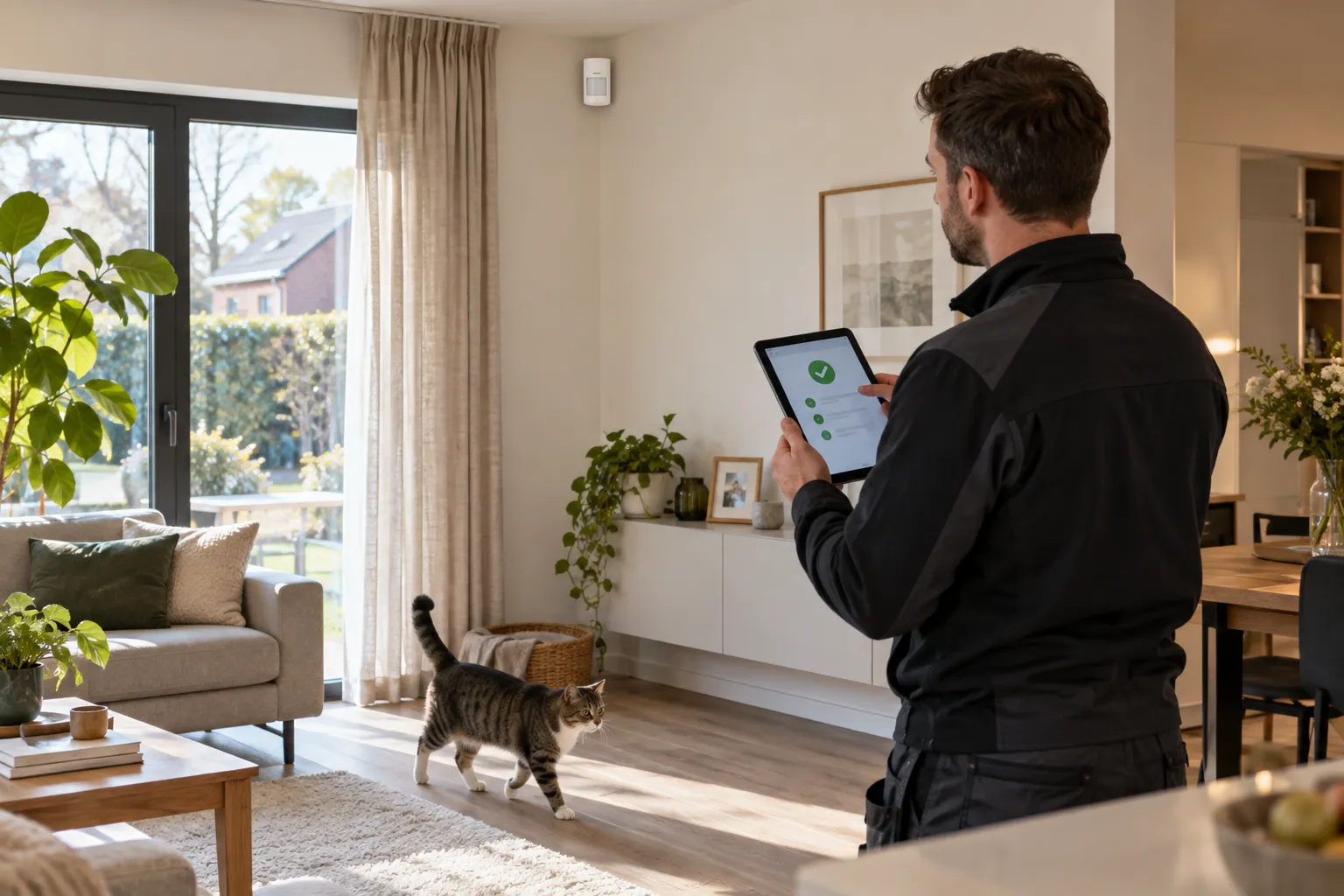 Technicien contrôlant un détecteur d’alarme dans un salon où circule un chat