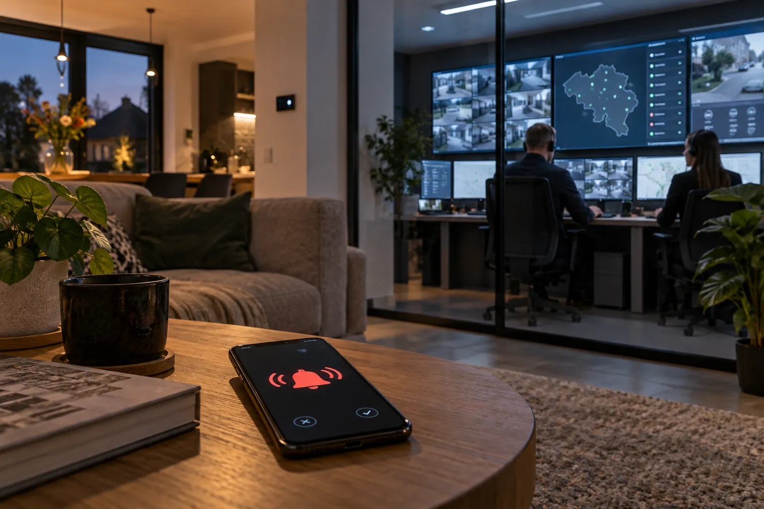 Notification d’alarme sur smartphone devant une centrale professionnelle de télésurveillance