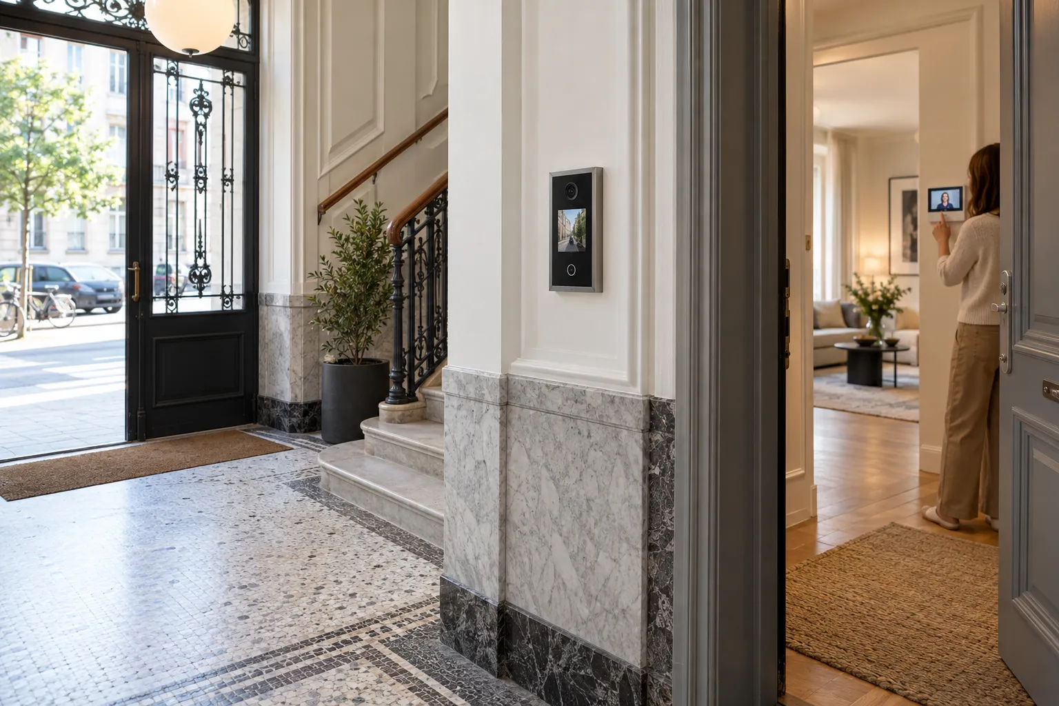 Renovated Belgian lobby with a new video intercom entrance panel and indoor screen