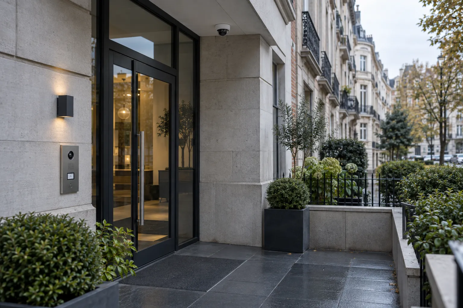 Belgian building entrance with a discreet surveillance camera