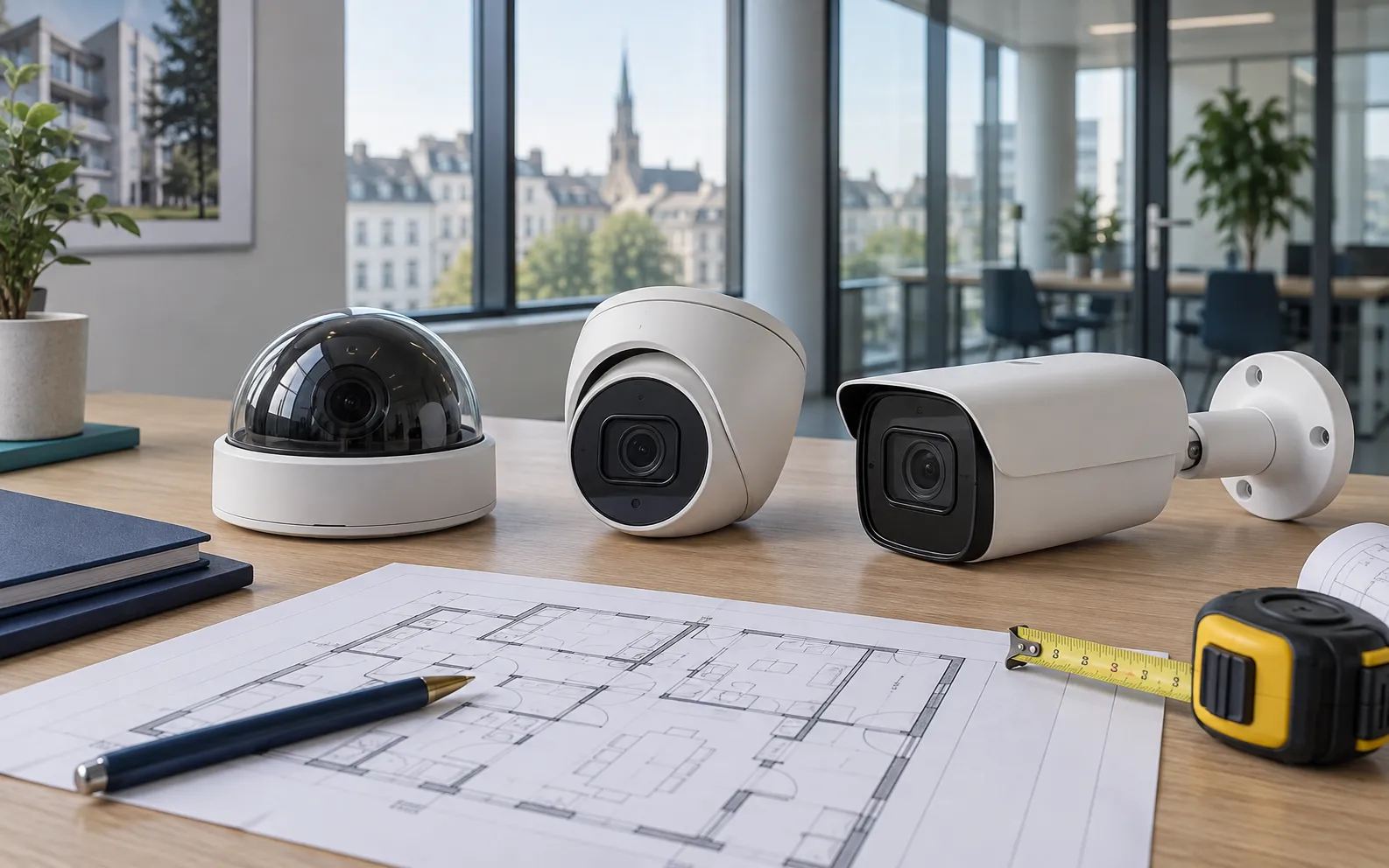 Trois formats de caméras de surveillance comparés sur les plans d’un bâtiment belge