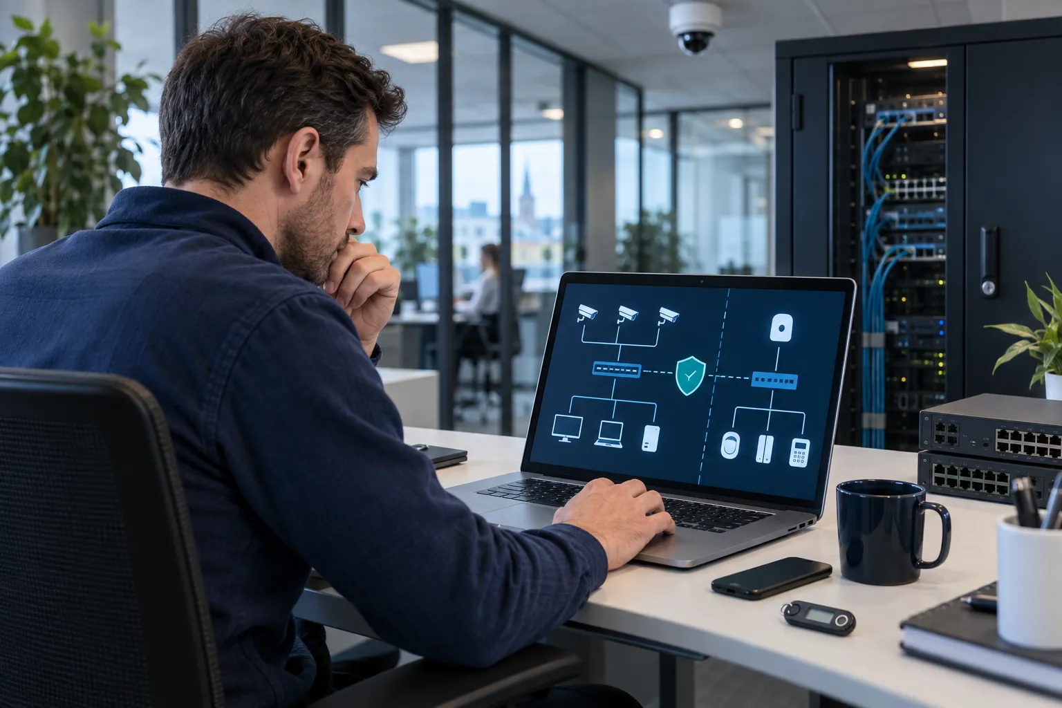 Technicien sécurisant le réseau séparé de caméras et d’alarmes connectées dans un bureau belge