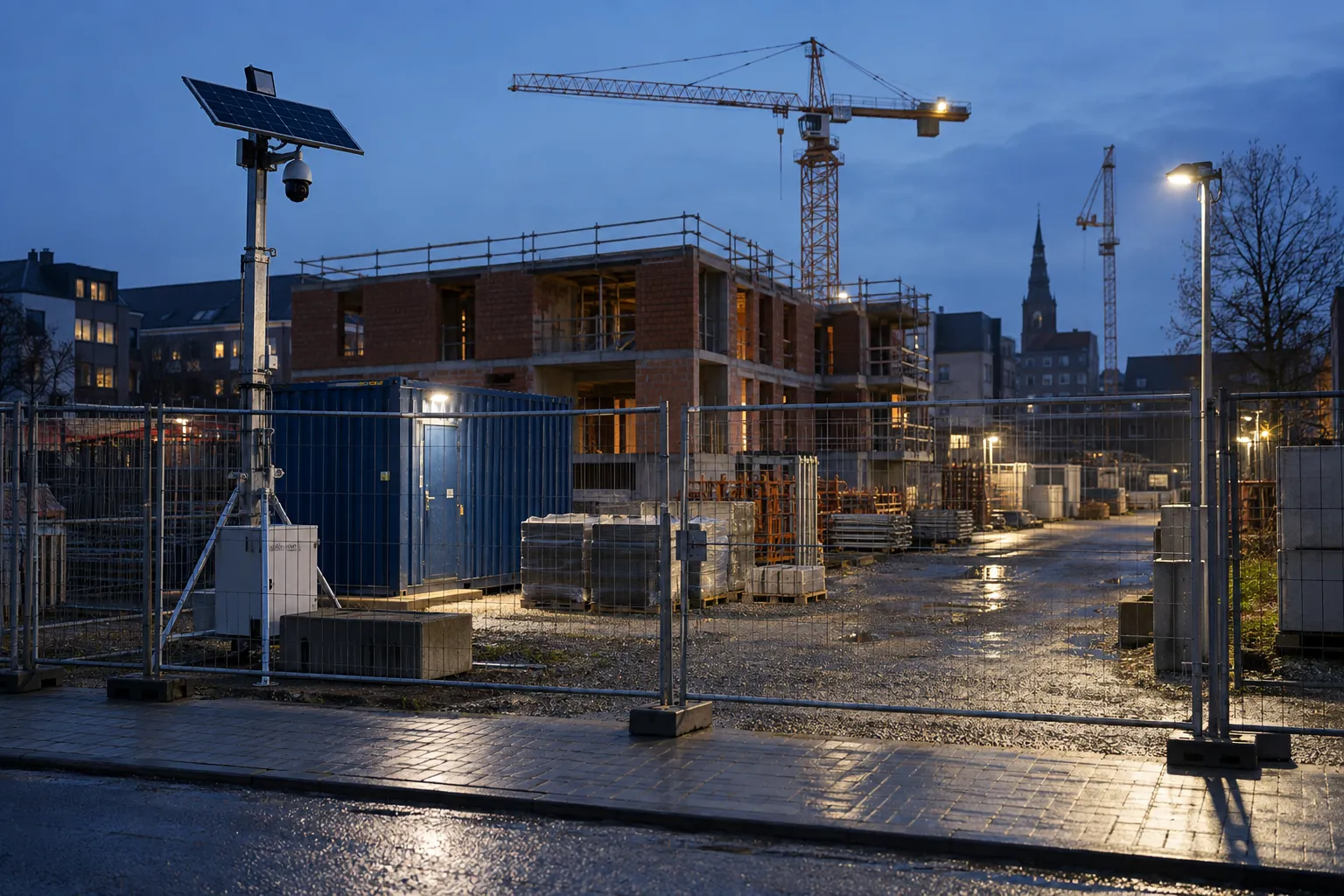 Chantier belge fermé et éclairé avec une tour caméra autonome de surveillance
