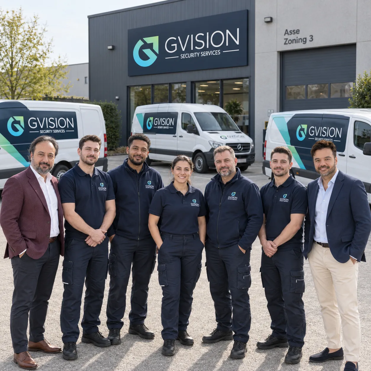 The GVISION team outside its premises and company vehicles in Asse