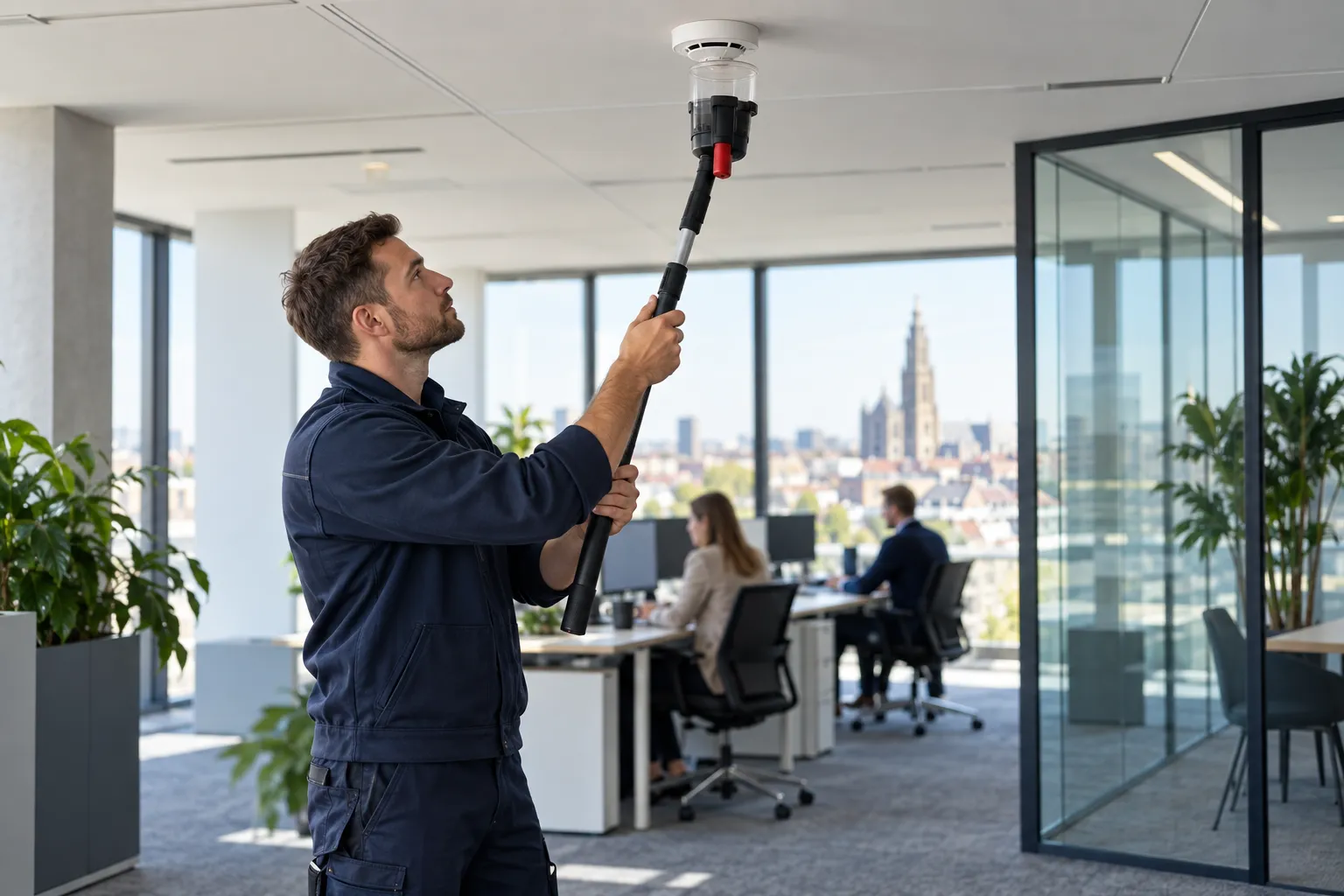 Een technicus test een rookmelder in een Belgisch kantoor