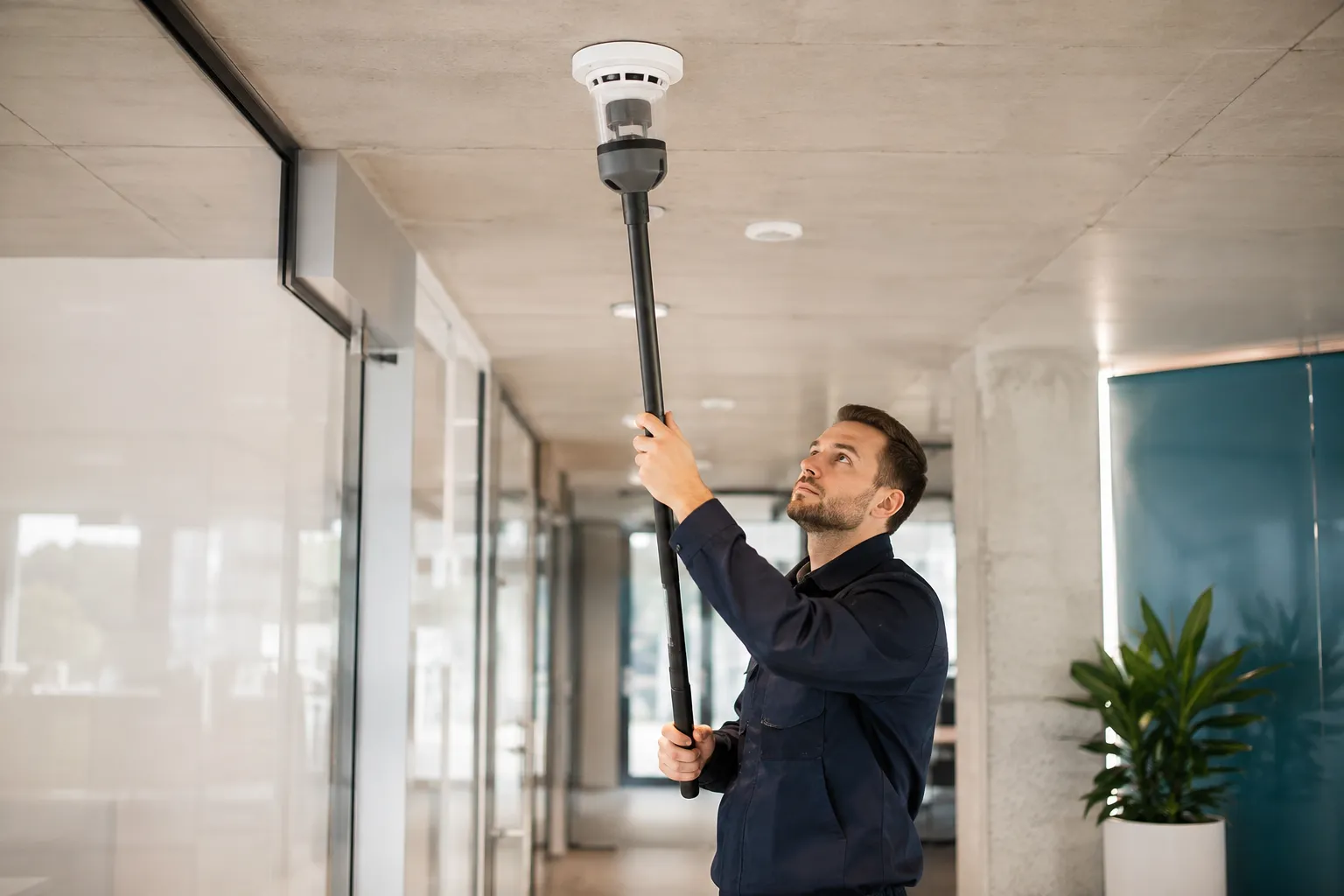 Technicus die een branddetector controleert met geschikt testgereedschap