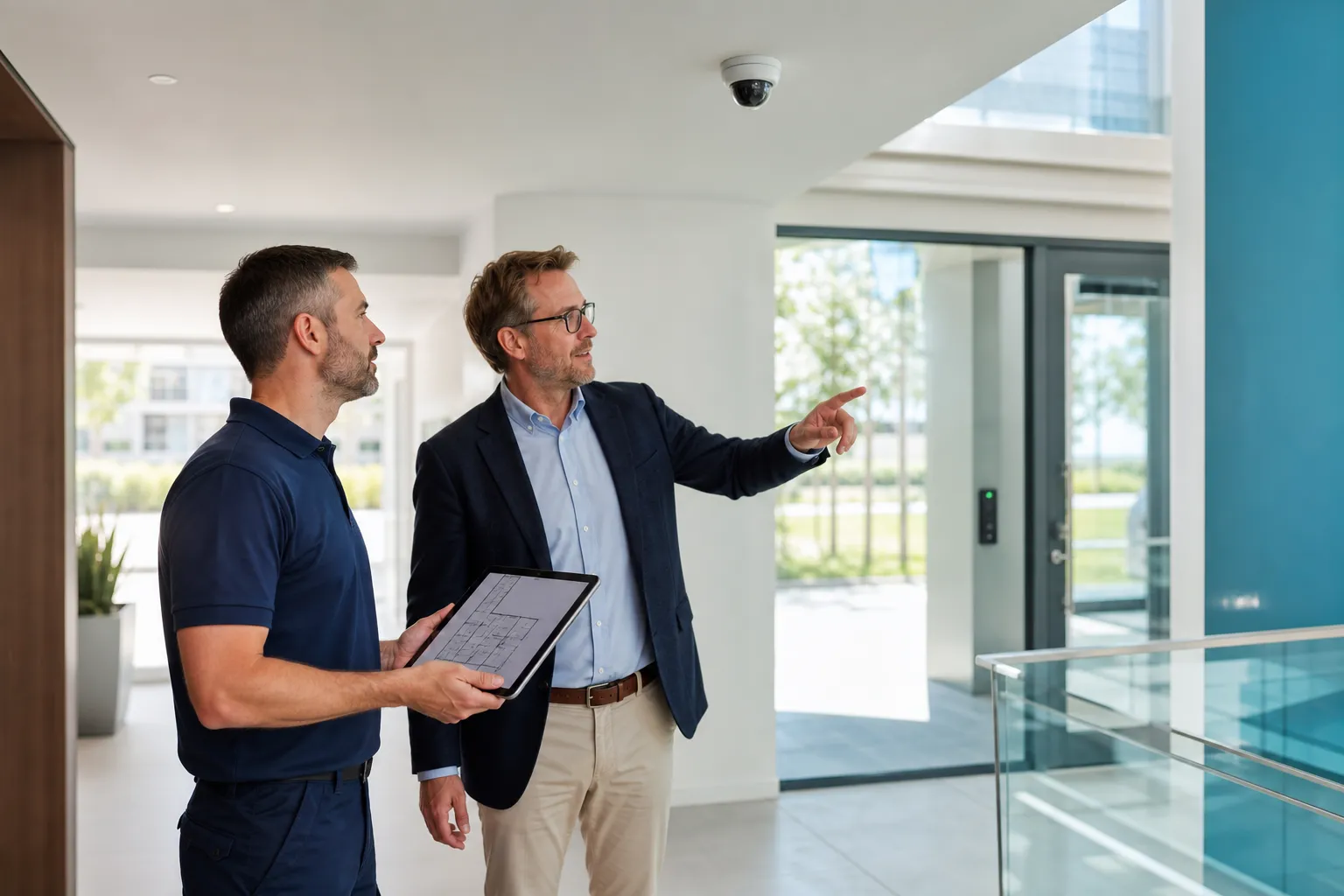 GVISION technician discussing a security project with a facility manager