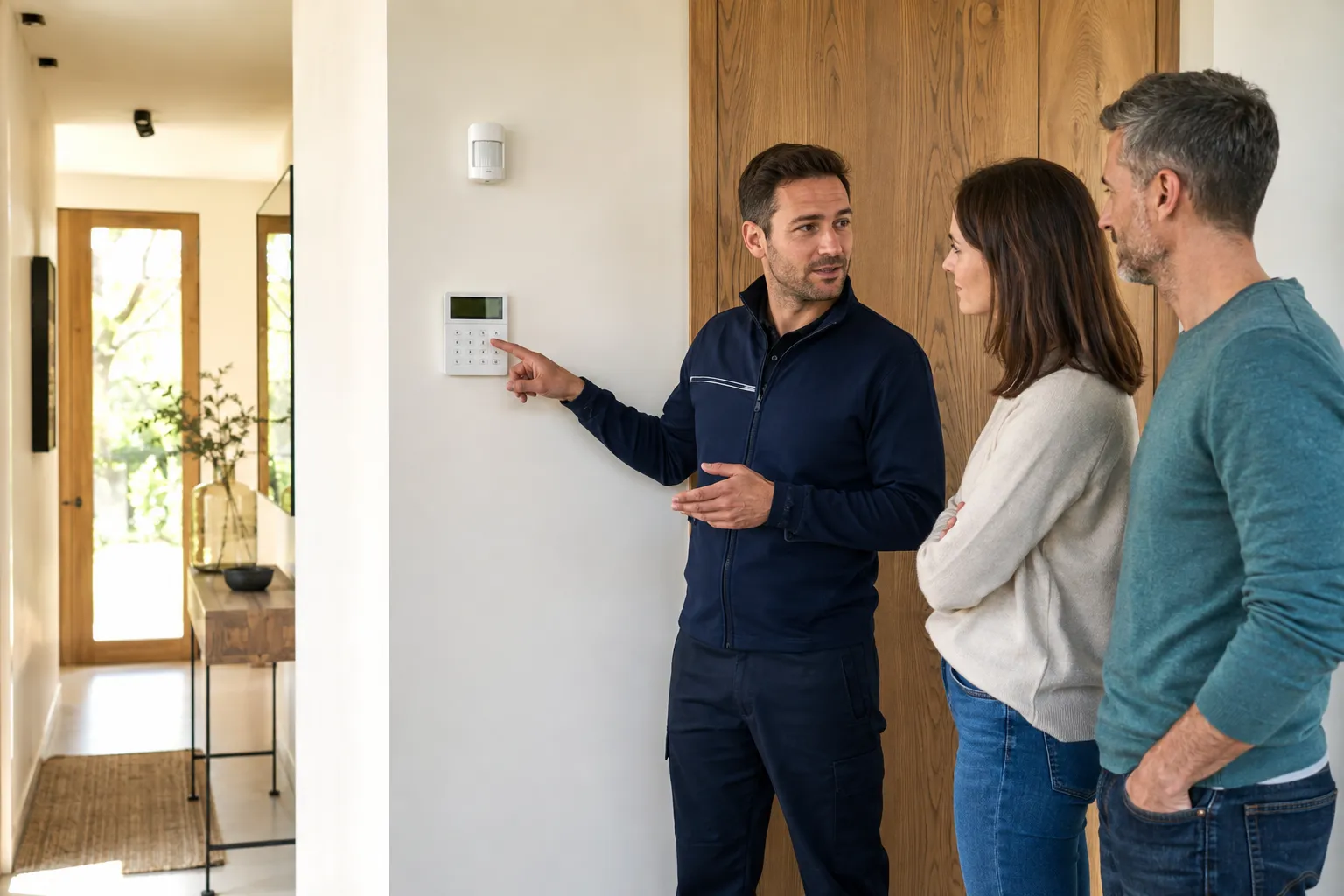 Technicus die een alarmsysteem uitlegt in een woning