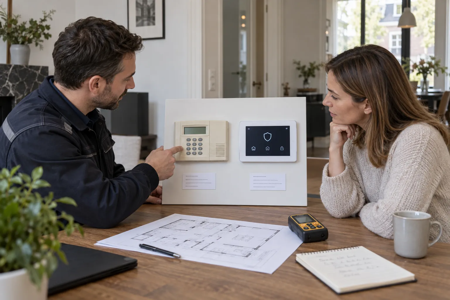 Technicien comparant un ancien clavier d’alarme avec une commande moderne dans une maison belge