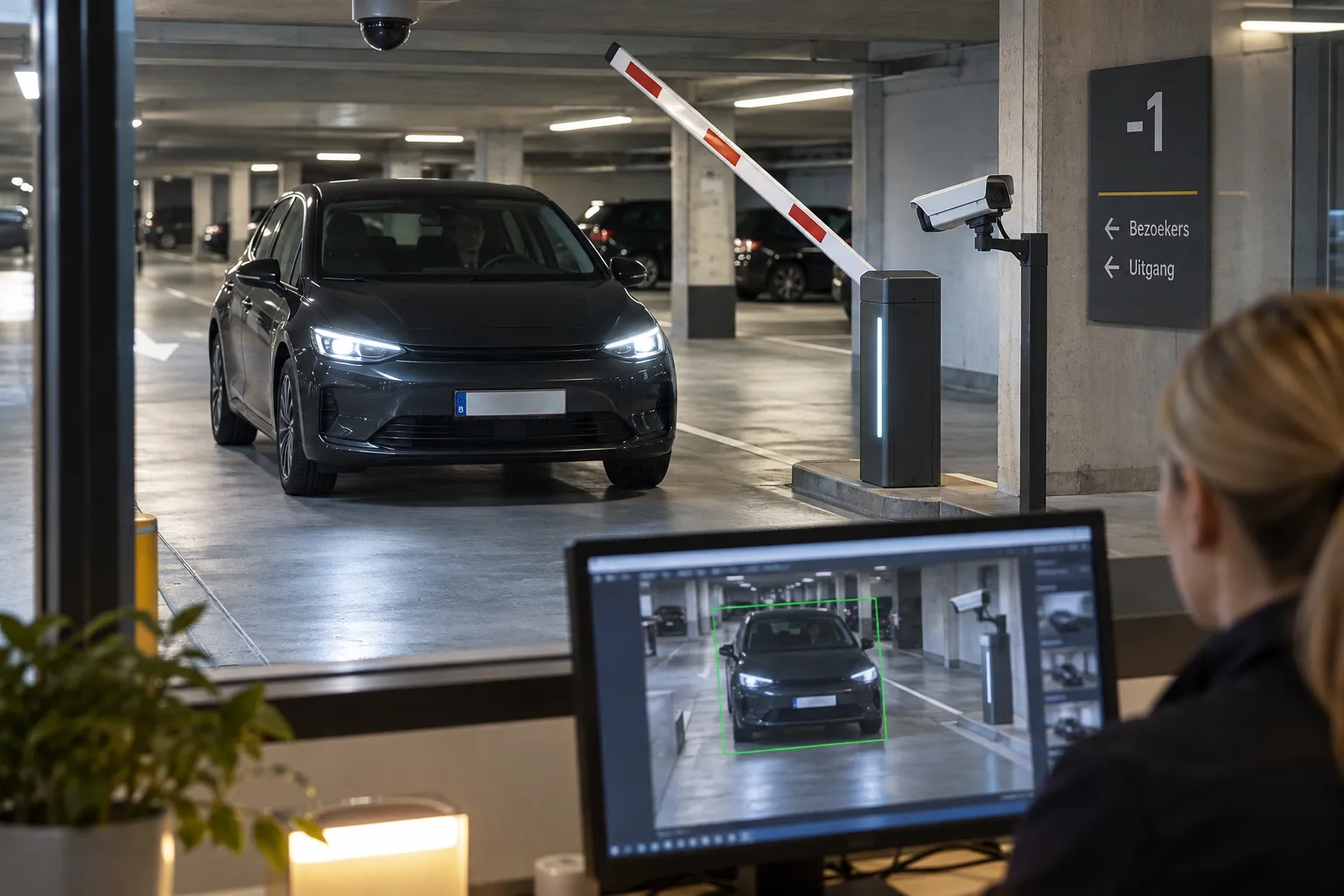 Véhicule entrant dans un parking belge avec caméra de lecture de plaque et analyse IA