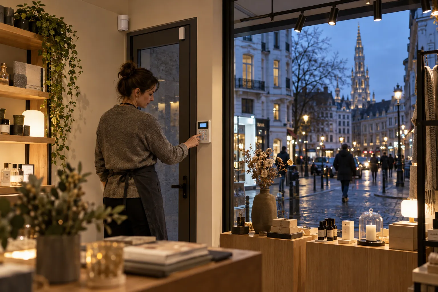 A shopkeeper arms her Brussels store alarm at closing time