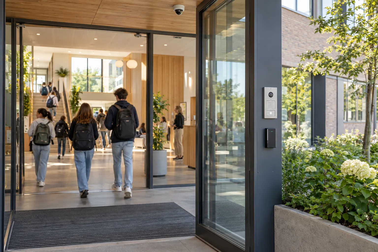 Welcoming Belgian school entrance with access control, intercom and a discreet camera