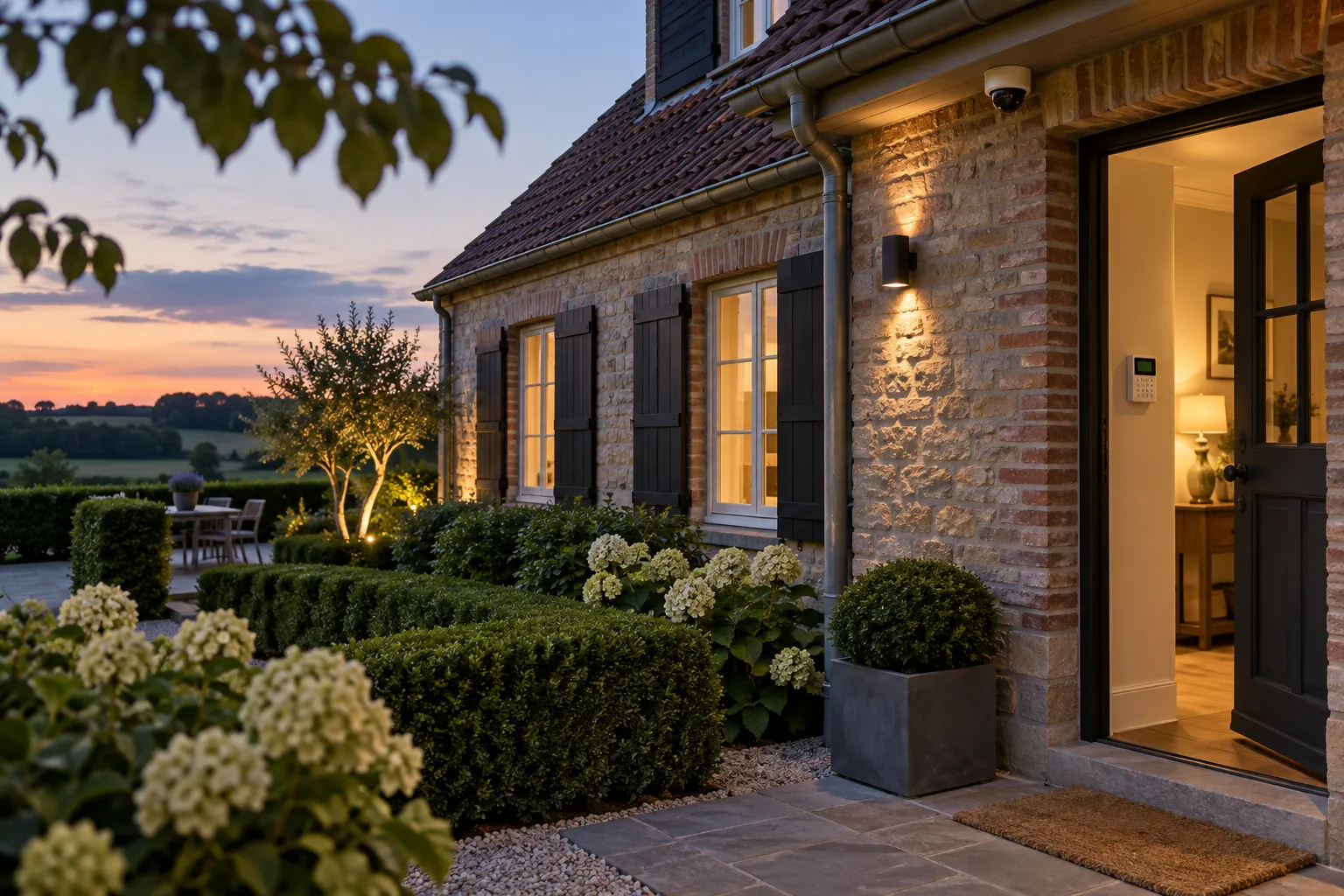 Maison secondaire belge sécurisée au crépuscule avec éclairage programmé, caméra et alarme