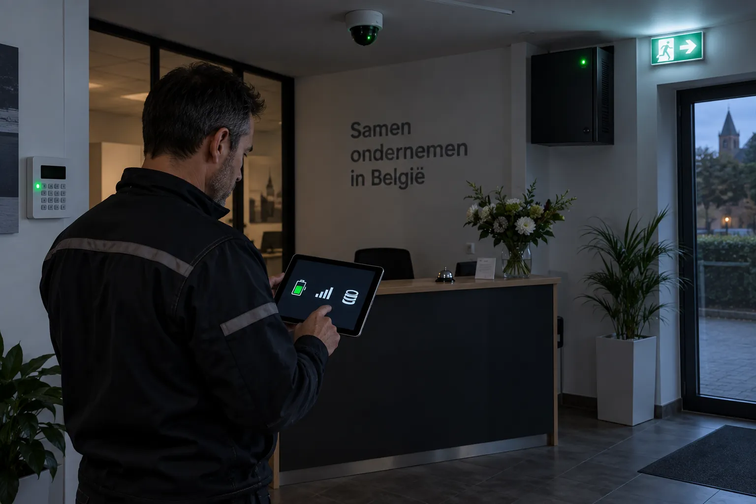 Technician checks battery and connection status of a security system during an outage