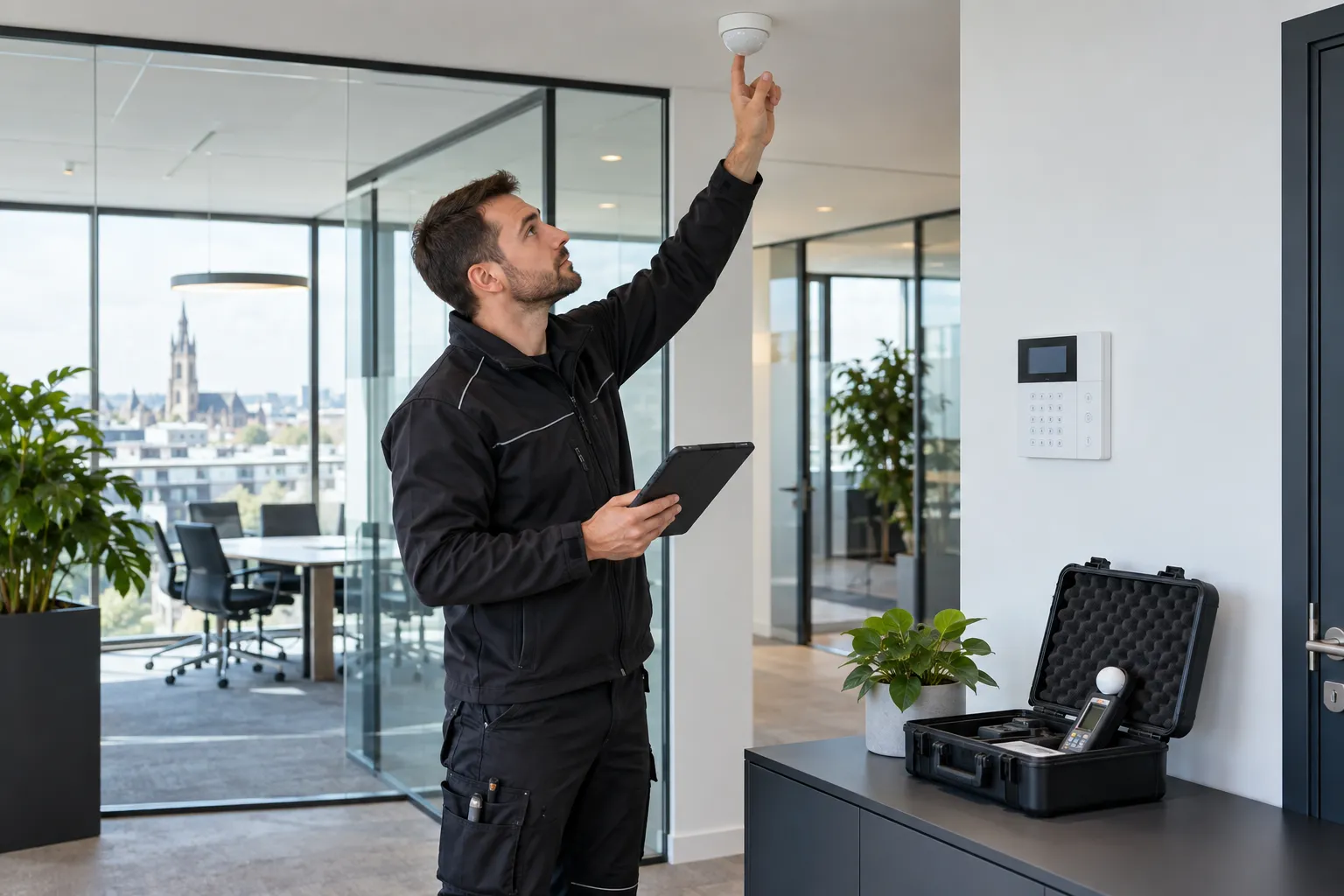 Technician maintains a detector and security keypad in a Belgian office