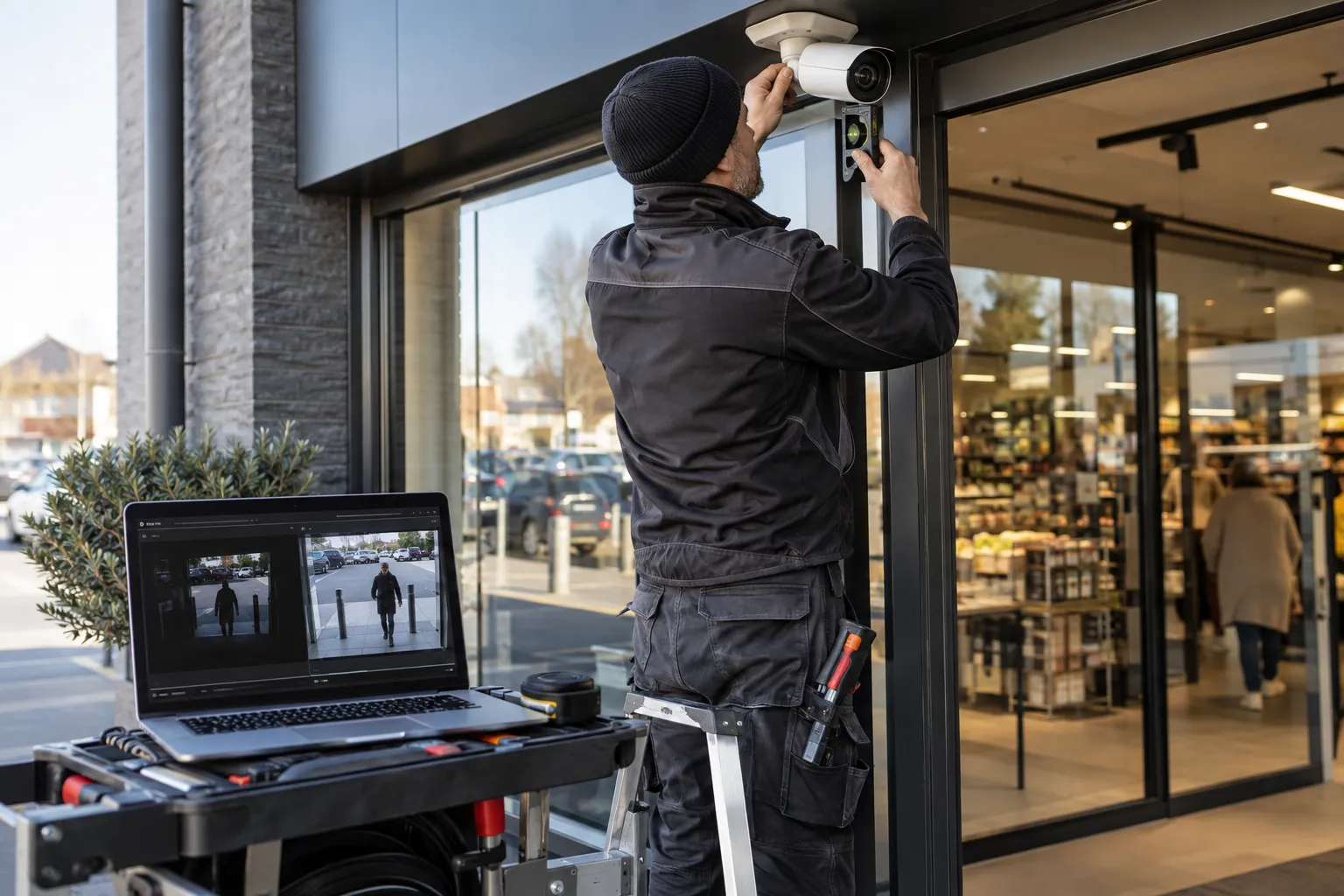 Installateur réglant une caméra afin d’obtenir une image de surveillance nette à l’entrée d’un commerce