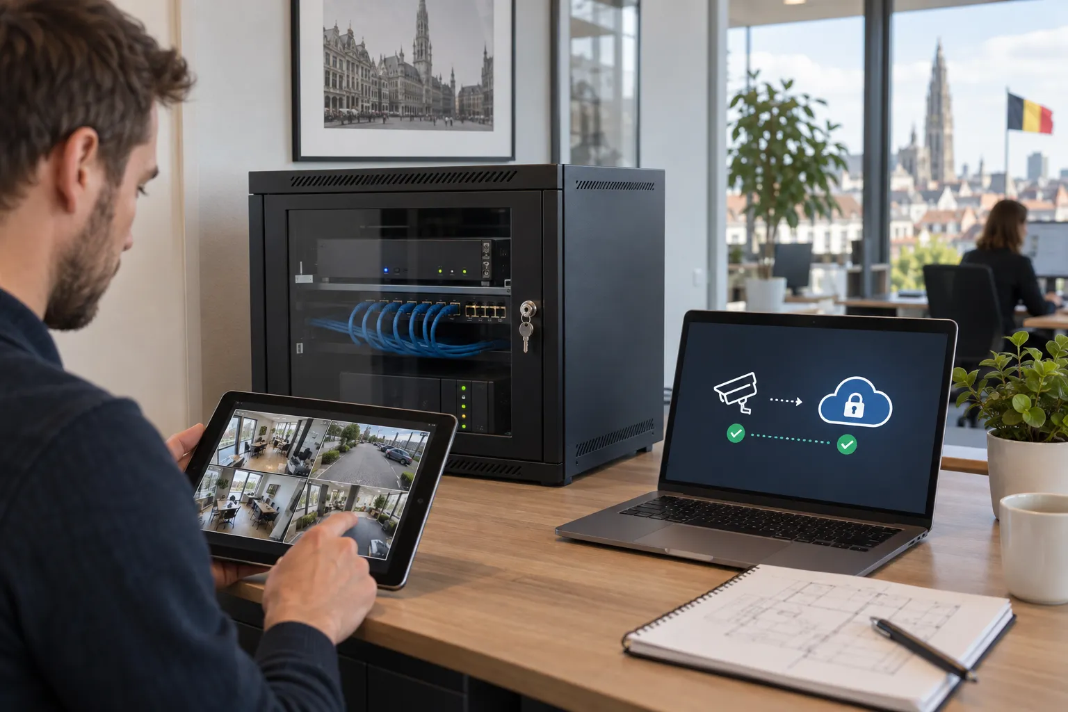 Technician compares a local video recorder with secure cloud storage