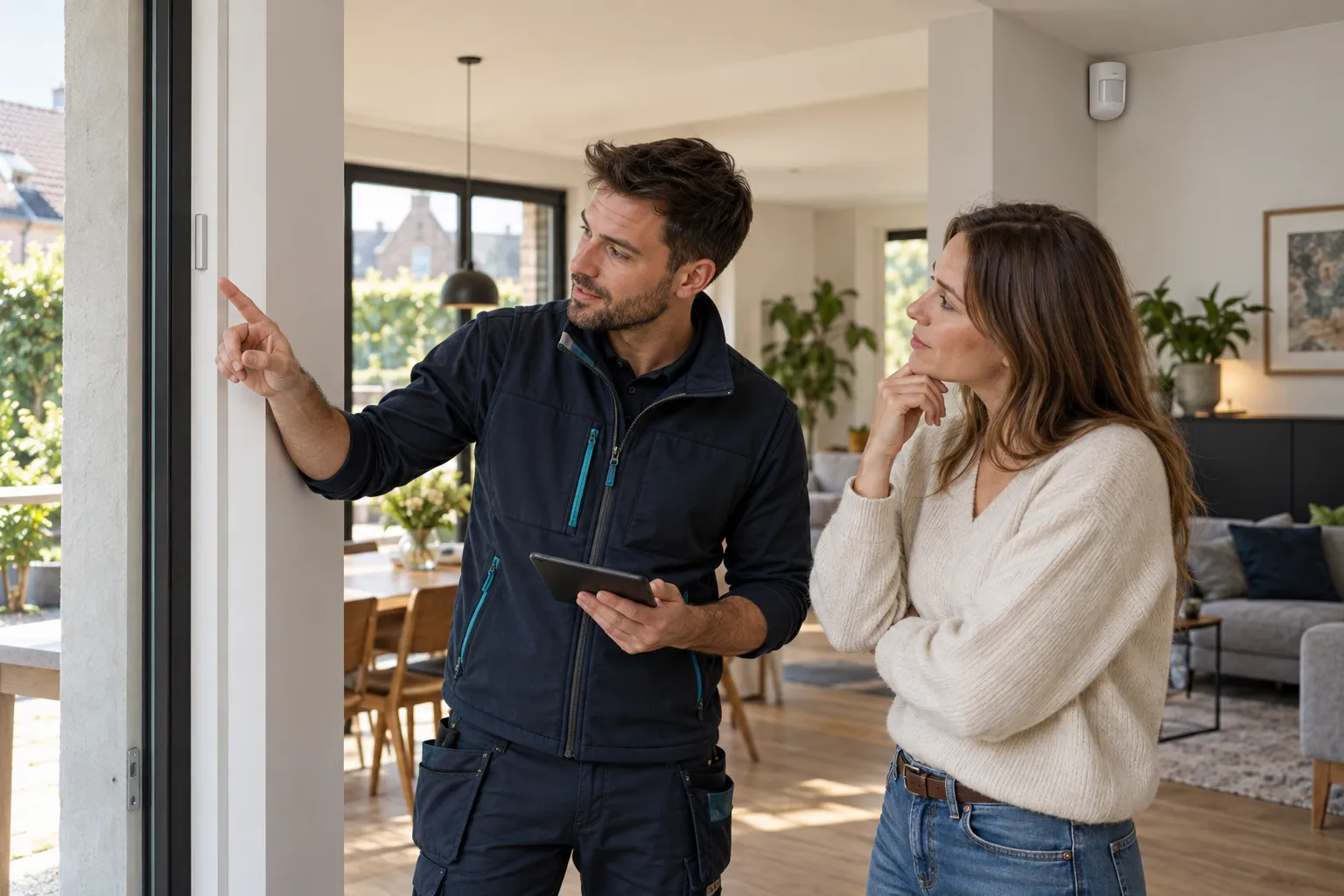 An installer explains a wired contact and wireless detector in a home