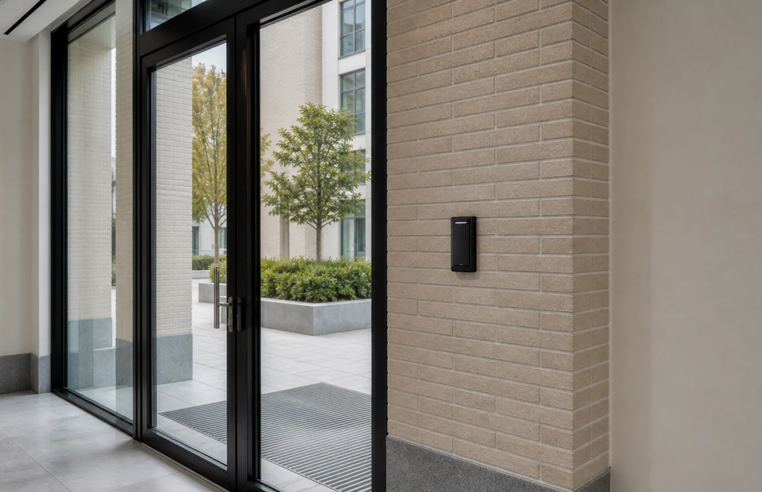 Discrete badgelezers naast een glazen deur