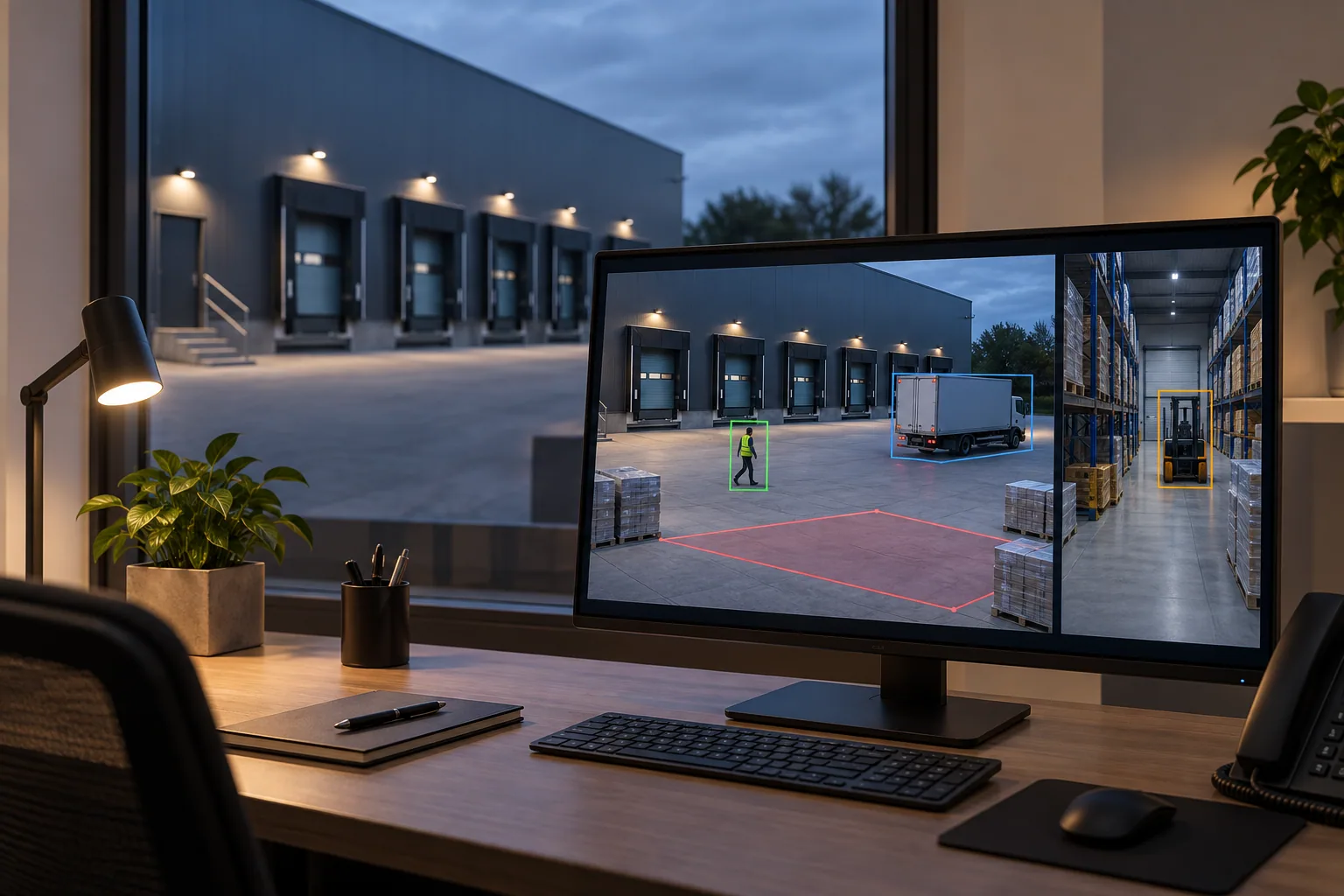Video monitoring screen with AI detection across the loading yard and warehouse aisle