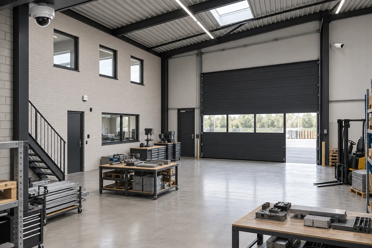 Surveillance cameras covering the workshop and loading entrance